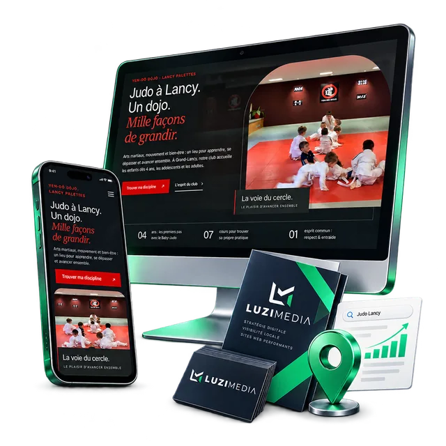 Création web et communication LuziMedia : site Yen-Dô sur ordinateur et mobile, supports imprimés et visibilité locale.