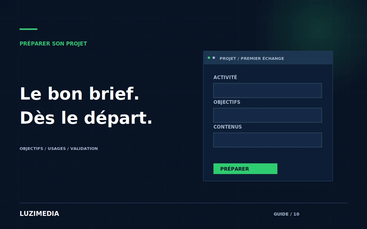 Illustration d’un brief de projet reliant objectifs, pages et critères de validation.