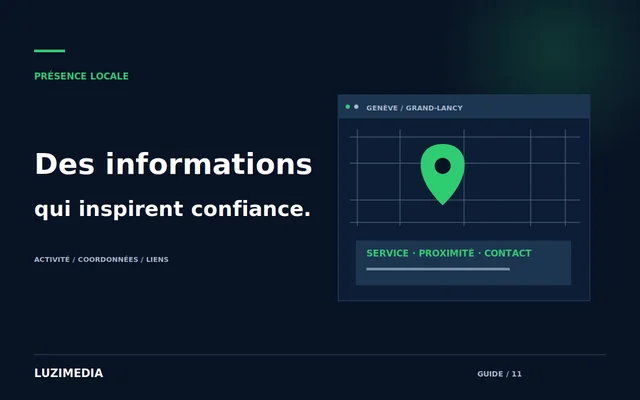 Illustration d’une fiche d’établissement locale avec adresse, service et accès au contact.