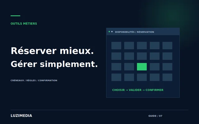Illustration d’un calendrier et des étapes de choix, validation et confirmation d’une réservation.