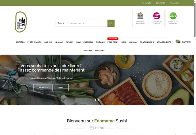 Site Edamame Sushi : navigation de la carte et visuel culinaire avec les accès à la livraison.