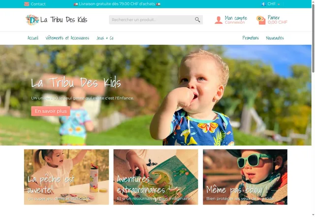 Accueil de La Tribu des Kids : identité turquoise et corail, vêtements pour enfants et navigation du catalogue.