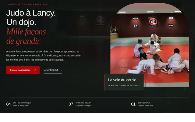 Extrait de l’accueil du Yen-Dô Dôjô : présentation des cours de judo à Lancy et photo sur le tatami.
